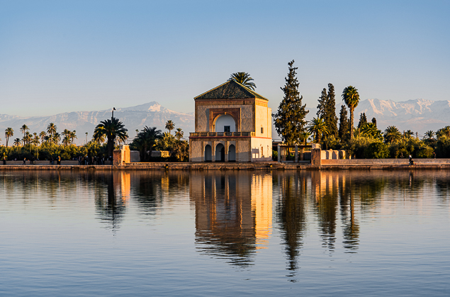 Saadian pavilion,Menara gardens and Atlas in Marrakech, Morocco, Africa.